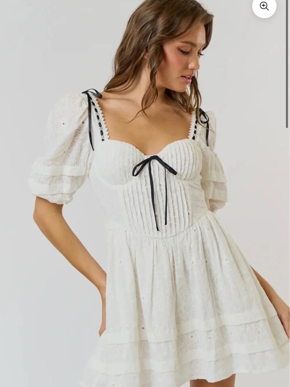 White Eyelet Puff-Sleeve Mini Dress with Black Tie